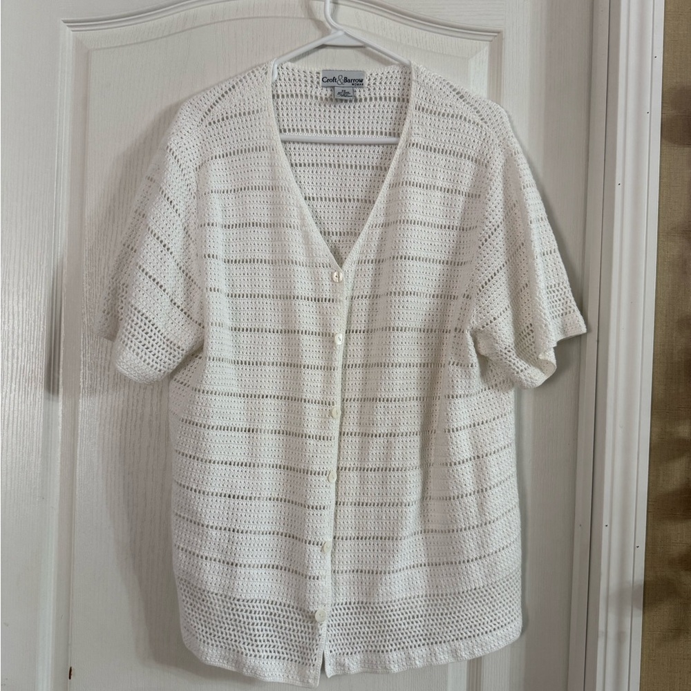 croft & barrow White Open Knit Short Sleeve Cardigan